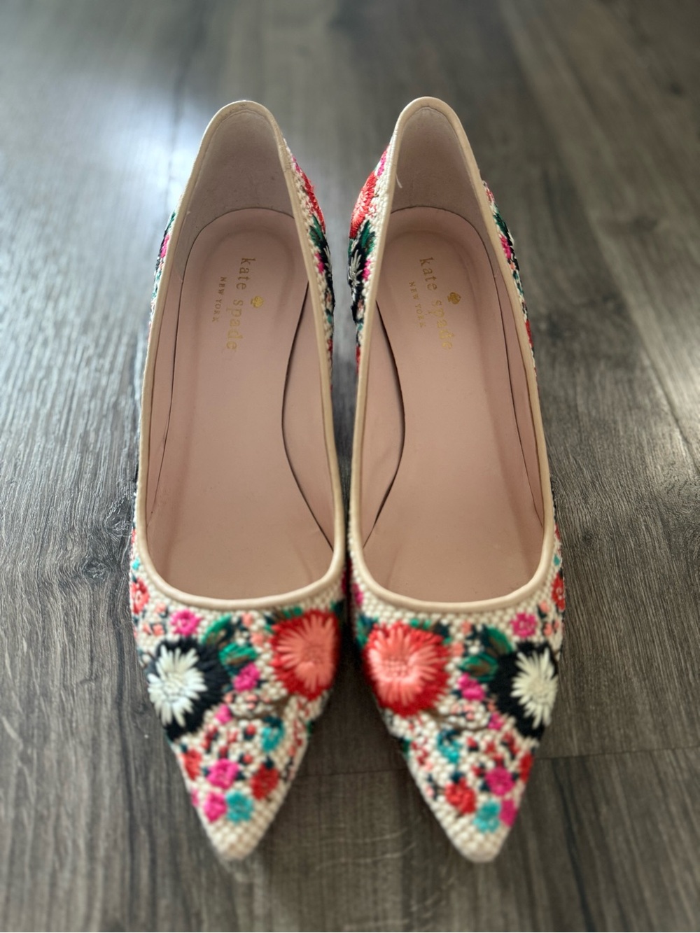 kate spade Embroidered Pointed-Toe Heel in Beige, Pink, Green - Picture 2 of 3